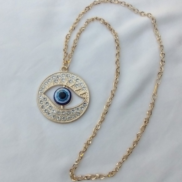 Big & Garish Gold Tone & Rhinestone Studded Evil Eye Pendant on 20" Faux Chain - Picture 2 of 8